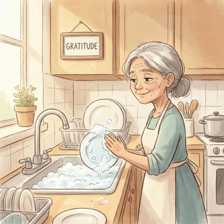 Woman with a halo washing dishes in a kitchen with a 'Gratitude' sign.