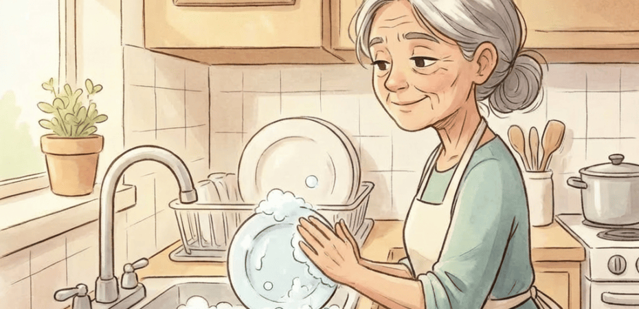 Woman with a halo washing dishes in a kitchen with a 'Gratitude' sign.