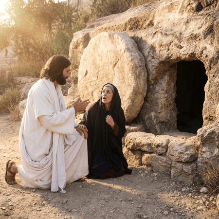 Jesus speaking to a surprised woman outside an empty stone tomb at sunrise.