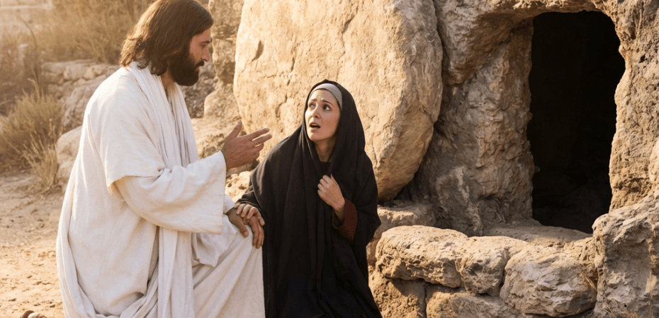 Jesus speaking to a surprised woman outside an empty stone tomb at sunrise.